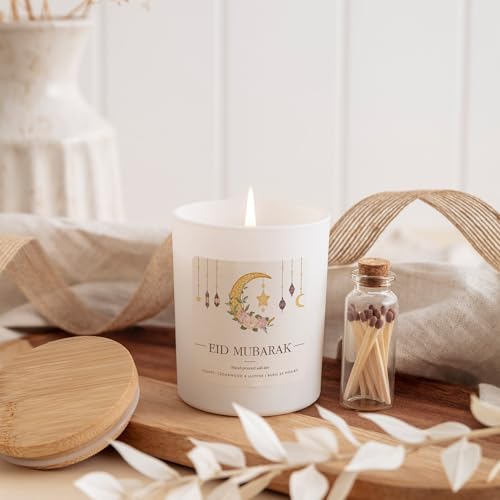 Eid Mubarak Scented Candle Gift | Islamic Celebration Candle with Gift Box and Mini Matches-White/Unscented - color: White