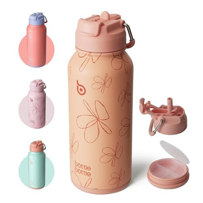 BOTTLE BOTTLE 32oz Insulated Water Bottle with Pill Box | Stainless Steel,Sport Water Bottle, with Straw Dual-use Lid and Pill Box, Design for Gym - color: yellow flower