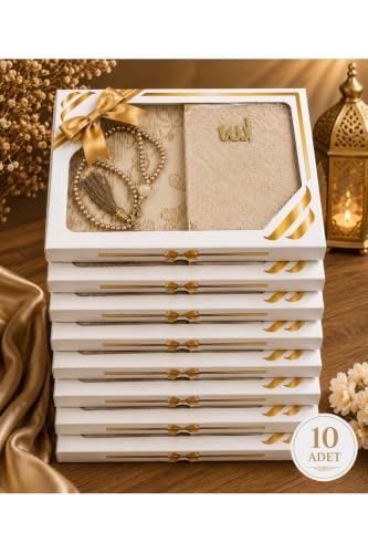 Islamic Prayer Rug Set 3-Piece Gift Set with Yasin Sharif Book and Prayer Beads - Cotton Fabric - Gold Color - 27.6 x 43.3 in - appropriate for Mevlid, Ramadan, Hajj, Umrah, Weddings, Engagements, and