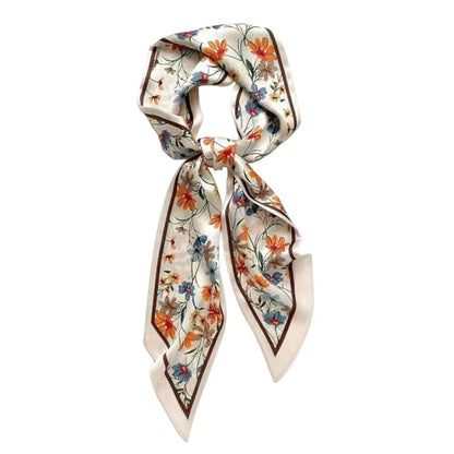 Silk Feeling Head Scarf Fashion Satin Hair Scarf Square Long Scarves for Women Gifts - color: 02 Daisy Flower Beige 5.12 X 59 Inch