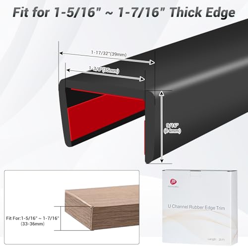 Rubber Edge Trim, 1-3/8 inch (35mm) Wide U Channel Edge Trim, Big Size U Shaped Trim, Self Adhesive Edge Banding for Plywood, Woods,Interior Doors, Countertop, Length 20Ft, Black - size: Size1-3/8"(Fit 1-5/16"~1-716"), L20'