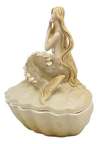 Ebros Gift Sand Brown Abstract Mermaid Sitting On Giant Sea Shell Jewelry Box Figurine With Sea Shell Ornaments 7" High Nautical Ocean Mermaids Siren Of The Seas Home And Bathroom Decorative Statue