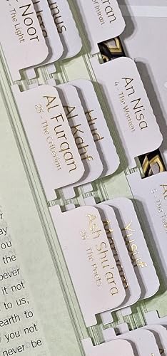 Al Bayan Quran Tabs - 114 Surah + 6 Blank +30 Juz Tabs - Premium Vinyl with Gold Foil Lettering - Laminated Quran Indexing System with Alignment Guide (Pastels - English) - color: Pastels - English