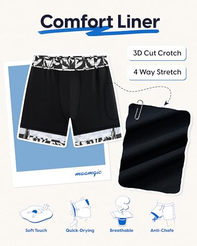maamgic Mens Swim Trunks - Mens Bathing Suit with Compression Liner 7 Inch Quick Dry Fshion Stretch Zipper Pockets Swimwear - color: Black-black-coconut Tree, size: XX-Large