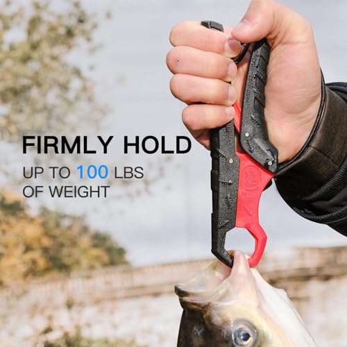 7.5'' Floating Fish Gripper, Fishing Grabber | Catfish Mouth Pliers, Caught Bass Holder, Fish Scale Hook Clamp, Saltwater Lip Grip Tool with Lanyard, Gifts for Men - color: Black-red