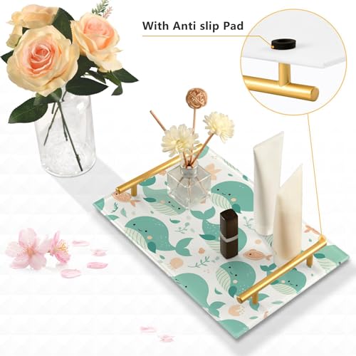 Bathroom Vanity Tray Counter Organizer, Turquoise Whales and Small Fish Pattern Decorative Tray with Handles Countertop Storage for Bathroom Bedroom Kitchen Home Farmhouse