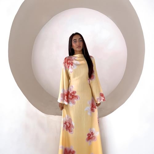 FYMNSI Womens Muslim Dresses Bell Sleeve Floral Butterfly Abaya Modest Dubai Kaftan Islamic Dress Eid Ramadan Prayer Clothes - color: Yellow, size: Small