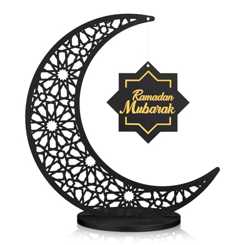 DoubleFill Ramadan Decorations Wooden Ramadan Table Centerpiece Mubarak Sign Eid Decoration Islamic Home Decor Crescent Moon Hollow Star Ornament for Islamic Gifts (Black) - color: Black