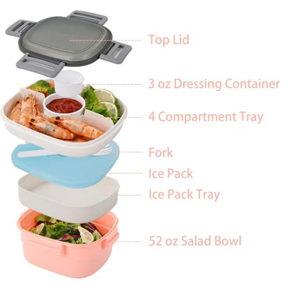 Freshmage Salad Container for Lunch with Ice Pack, Leakproof BPA-Free 52-oz Lunch Container with 4 Compartments, Salad for Men, Women (Pink+Ice Pack) - color: Pink-52oz+Ice Pack