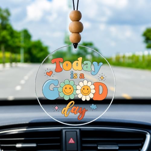 Talataca Today is A Good Day 2D Flat Car Ornament & Wood Beads, Inspirational Quote Beaded Rear View Mirror Accessories, Retro Rearview Hanging Charm, Christmas Tree Decor - color: 33