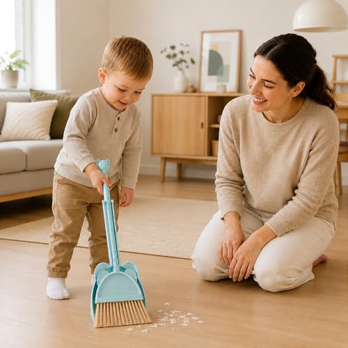 Kids Broom and Dustpan Set, Mini Toddler Broom for Pretend Play Cleaning, Child-Sized Little Housekeeping Helper Set, Blue