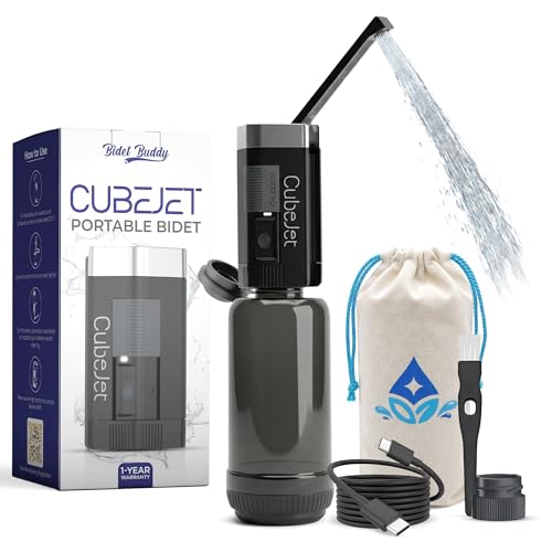 BIDET BUDDY® CubeJet 여행용 휴대용 비데 - 380ml 병, 1100mAh 충전식 배터리, IPX6 방수 지팡이 스타일 노즐, 캠핑 및 가정용 USB-C 고압 위생 장치