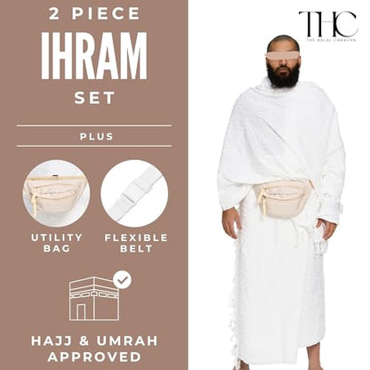 Men's Ihram for Hajj & Umrah - Sweat Absorbent, Comfortable, Fully Opaque, 2-Piece Ihram Set, Ehram Ahram 43 x 83 Inches, Ideal for Muslim Men, White