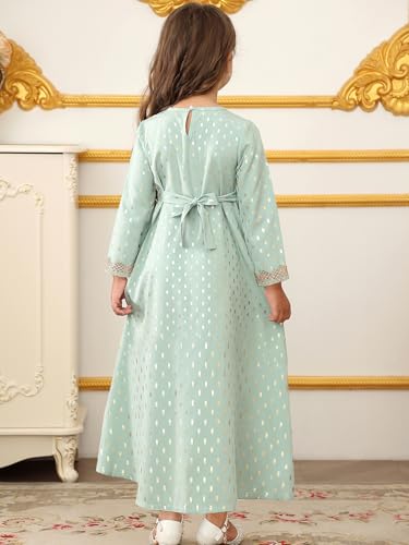 ABAO SISTER Girls Muslim Ramadan Abaya Kids Long Sleeve V Neck Prayer Dress Middle East Arabic Dubai Attire Kaftan Dress - color: Green, size: 8