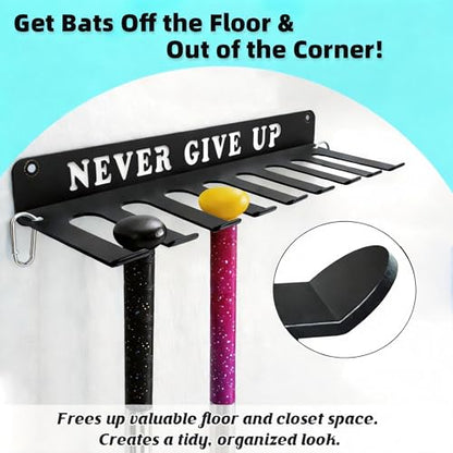 Baseball Softball Bat Holder Wall Mount Storage Rack Metal Hanger Home Field Organizer Equipment Sports Hook Hanging Holds 14 Bats Carabiners Included Never Give UP - style: NEVER