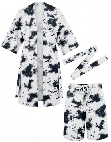 COOFANDY Men Lightweight 2 Piece Kimono Robe with Shorts Japanese Robes Casual Open Front Long Cardigan With Belt - color: White(tie Dye), size: Small