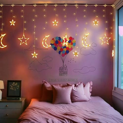 138 LED Star Moon String Lights, Warm White Fairy String Lights with 12 Hooks, Twinkle Battery Operated Lights with Remote, 8 Modes for Bedroom, Ramadan Decoration