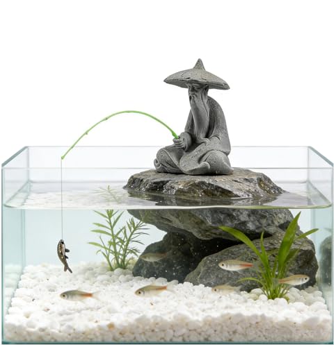 livelyfish Mini Fisherman Statue Asian Zen Decoration Sitting Fishing Figurines Sandstone Vintage Ornament for Aquarium Fish Tank Pot Garden Home Japanese Decor (D2) - color: D2