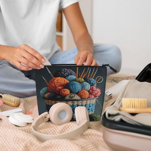 Colorful Yarn Basket Knitting Tools Fake Hemp Makeup Bag Travel Bags Toiletry Pouch With Zipper 9.45 X 6.7 In - color: Colorful Yarn Basket Knitting Tools
