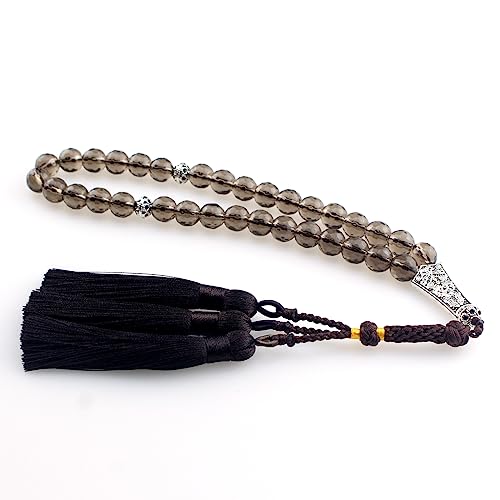 Muslims Islamic Dhikr Tasbeeh Tasbih Prayer Beads, 33 Crystal Smoky Quartz Beads with Tassel