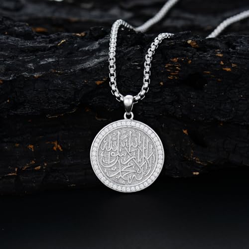 Islamic Pendant Necklace for Men Women Sterling Silver Allah Necklace Muslim Islam Pendant Jewelry Gift for Father Men Women - 22+2 In Stainless Steel Chain