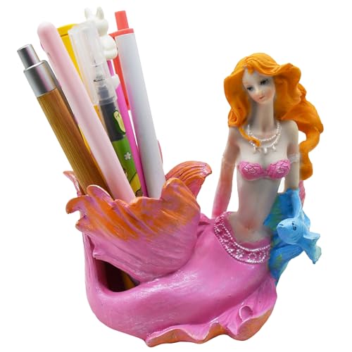 1PCs Pink Mermaid Pen Container Statues Resin Mermaids Figurines | Mediterranean Princess Brush Pot for Aquarium Fish Tank Suppliers Home Office Desk School Shelf Ornaments