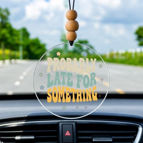 Talataca Probably Late for Something 2D Flat Car Ornament & Wood Beads, Funny Quote Beaded Rear View Mirror Accessories, Retro Rearview Hanging Charm, Christmas Tree Decor - color: 39