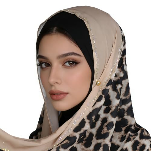 Chiffon Rhinestone Muslim Headscarf - color: Beige Leopard Print 