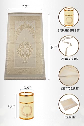 ihvan online Muslim Prayer Rug and Prayer Beads with Elegant Design Cylinder Gift Box, Janamaz, Soft Sajadah, Islamic Gifts Set, Portable Prayers Carpet Mat, Taffeta Fabric, Cream - color: Cream