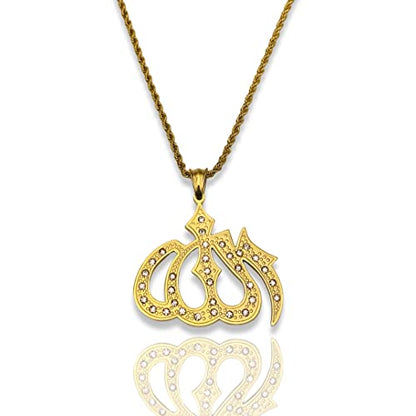 Allah Pendant Necklace – 14K Gold Finish Iced Out Religious Charm with Stainless Steel 3mm Rope Chain, Islamic Muslim Jewelry for Men & Women - size: 16" Necklace