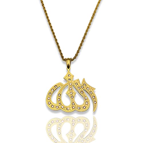 Allah Pendant Necklace – 14K Gold Finish Iced Out Religious Charm with Stainless Steel 3mm Rope Chain, Islamic Muslim Jewelry for Men & Women - size: 16" Necklace