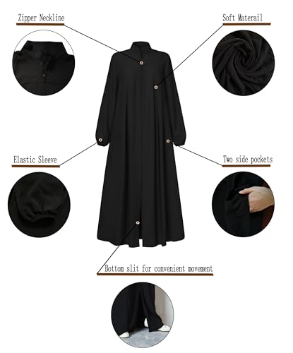 Womens Abaya Muslim Long Sleeve Front Zipper Dress Prayer Islamic Clothes with Pockets - color: Black, size: XX-Large