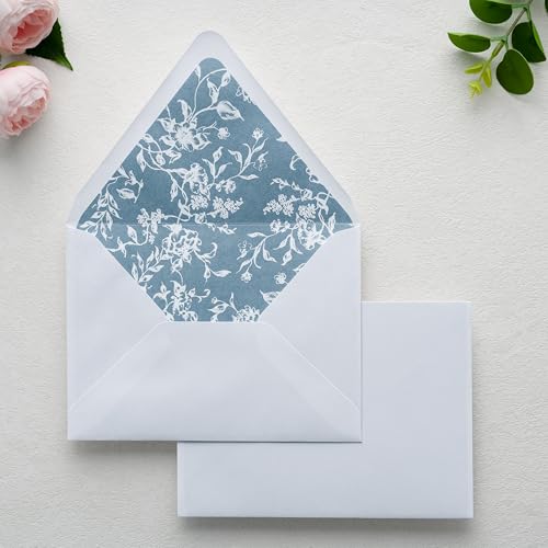 PONATIA A7 Euro Flap White Foil Liner Envelopes, White 5x7 Envelopes - color: White + Dusty Blue White Foil