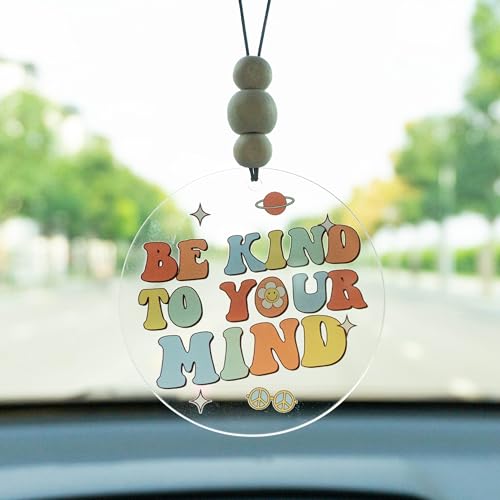 Talataca Be Kind to Your Mind 2D Flat Car Ornament & Wood Beads, Inspirational Positive Quote Beaded Rear View Mirror Accessories, Retro Rearview Hanging Charm, Christmas Tree Decor - color: 41
