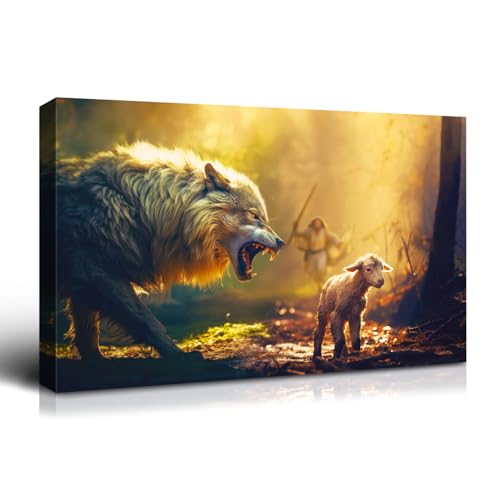 Wewejia Christian Wall Art 16x12 inch, Jesus Running Towards Wolf and Lamb Pictures Jesus Art Wall Decor for Living Room Bedroom Church Decorations - color: WWJYSS118, size: 18"L x 12"W