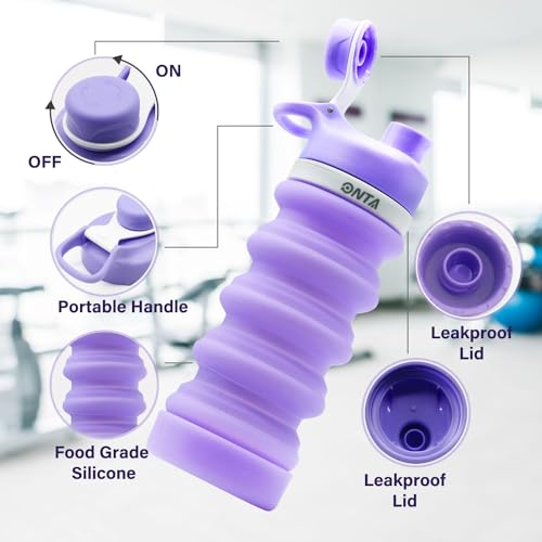 ONTA Collapsible BPA Free Silicone Water Bottle, 20oz - Portable, Leakproof, Easy Clean, Shatter Resistant, Travel Friendly - color: Purple, size: 18.6 Ounces
