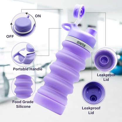 ONTA Collapsible BPA Free Silicone Water Bottle, 20oz - Portable, Leakproof, Easy Clean, Shatter Resistant, Travel Friendly - color: Purple, size: 18.6 Ounces