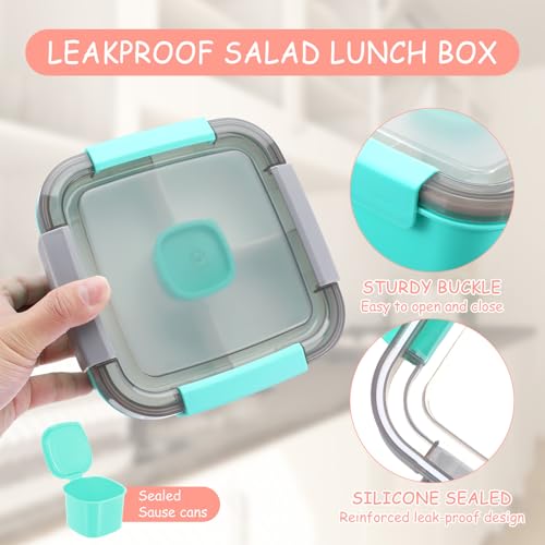 3 Pcs Salad Lunch Container with 3 Compartment, 50 oz Salad Lunch Container for adults, Leakproof Salads Bowl for Toppings, Snacks (Pink,Blue,Green)