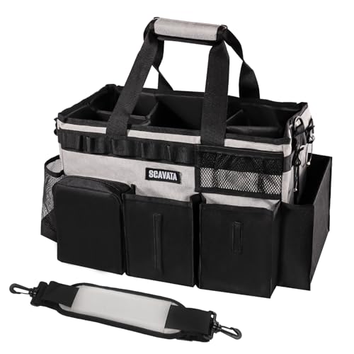 SCAVATA Wearable Cleaning Caddy Bag, Cleaning Caddy Supplies Organizer with Handle & Shoulder Straps for Housekeepers, Under Sink & Car Cleaning Tool Organizers with 4 Foldable Divider (Grey) - color: Grey