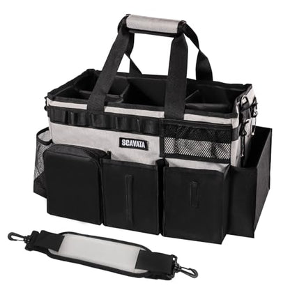 SCAVATA Wearable Cleaning Caddy Bag, Cleaning Caddy Supplies Organizer with Handle & Shoulder Straps for Housekeepers, Under Sink & Car Cleaning Tool Organizers with 4 Foldable Divider (Grey) - color: Grey