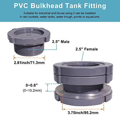 Ququyi 2.5 Inch PVC Bulkhead Water Tank Connector Adapter Fitting with Plugs Thru-Bulk Pipe Fitting for Rain Barrels, Aquariums, Ponds(Set of 1) - size: 2.5"-1pcs