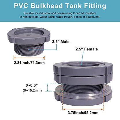 Ququyi 2.5 Inch PVC Bulkhead Water Tank Connector Adapter Fitting with Plugs Thru-Bulk Pipe Fitting for Rain Barrels, Aquariums, Ponds(Set of 1) - size: 2.5"-1pcs