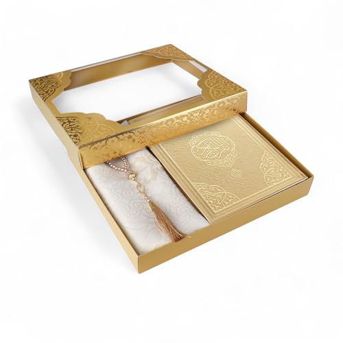 FURKAN Thermo Leather Quran with Gold Prayer Rug and Prayer Beads, Zuhre Gift Box - Gold - color: Gold