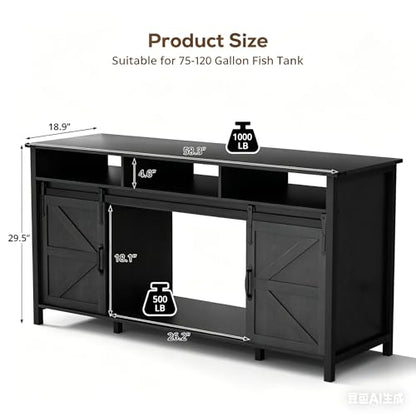 VOWNER 75-120 Gallon Fish Tank Stand with Power Outlet, Farmhouse Aquarium Stand with Storage Cabinet & Sliding Barn Doors, Heavy Duty Reptile Tank Stand, for 2 Tanks, 1000LBS Capacity, Black - color: Black
