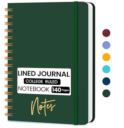 CICPAP Lined Spiral Journal Notebook, A5 College Ruled Notebook for Journaling, Note-Taking, and Daily Planning, Durable Hardcover with an Elegant Design，Dark Green - color: G.Dark Green
