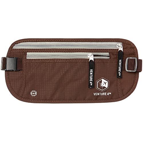 VENTURE 4TH Money Belt for Travel – Slim Hidden Under-Clothes RFID Blocking Anti-Theft Passport Holder & Travel Wallet Pouch for Men & Women to Protect Cash, Cards & Documents (Brown) - color: Brown