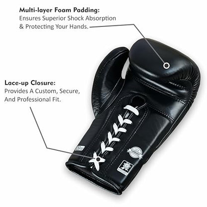 Aura 100 Full Grain Leather Lace Up Boxing Gloves for Men & Women – Professional Training, Sparring, Competition, Muay Thai, Kickboxing & Heavy Bag Gloves - color: Black, size: 12 OZ