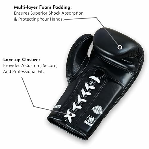 Aura 100 Full Grain Leather Lace Up Boxing Gloves for Men & Women – Professional Training, Sparring, Competition, Muay Thai, Kickboxing & Heavy Bag Gloves - color: Black, size: 16 OZ