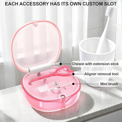 Pink Aligner and Retainer Case Double-layer Cute Slim Braces Night Mouth Guard Case with Remover Tool, Chew and Cleaning Brush, Built in Mirror Orthodontic Dental Retainer Container - color: Transparent Pink