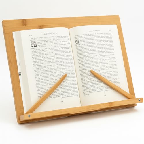 Bamboo Book Stand for Reading Hands Free - Portable & Multifunctional Display Stand for Recipe, Cookbooks, Magazines, Tablets, Laptops - Adjustable Book Holder and Cookbook Stand for Kitchen